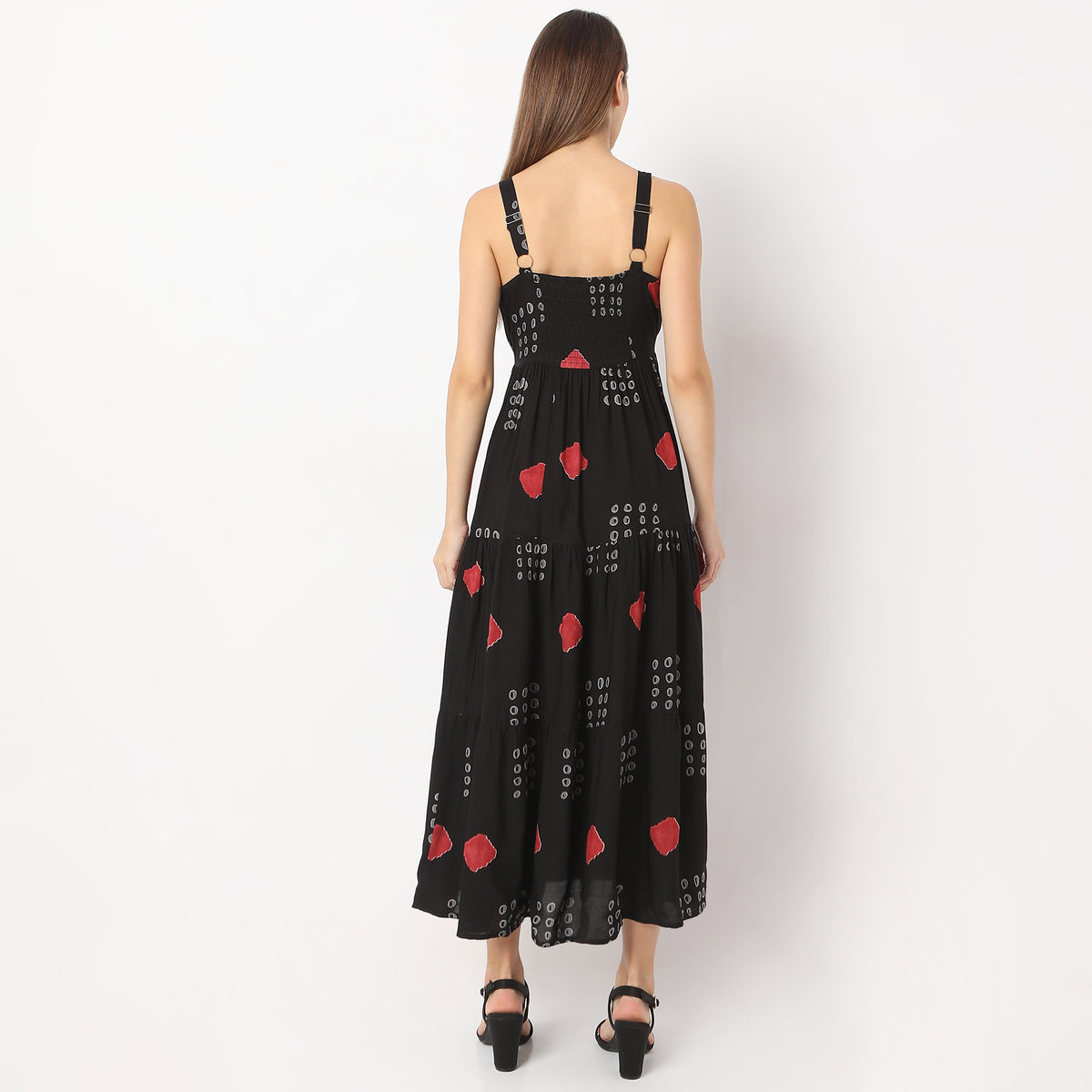 Flare Fit Printed Calf Length Square Neck Tiered Sleeveless Dress