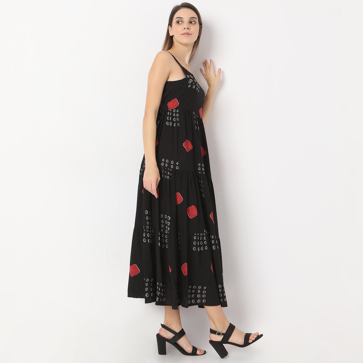 Flare Fit Printed Calf Length Square Neck Tiered Sleeveless Dress