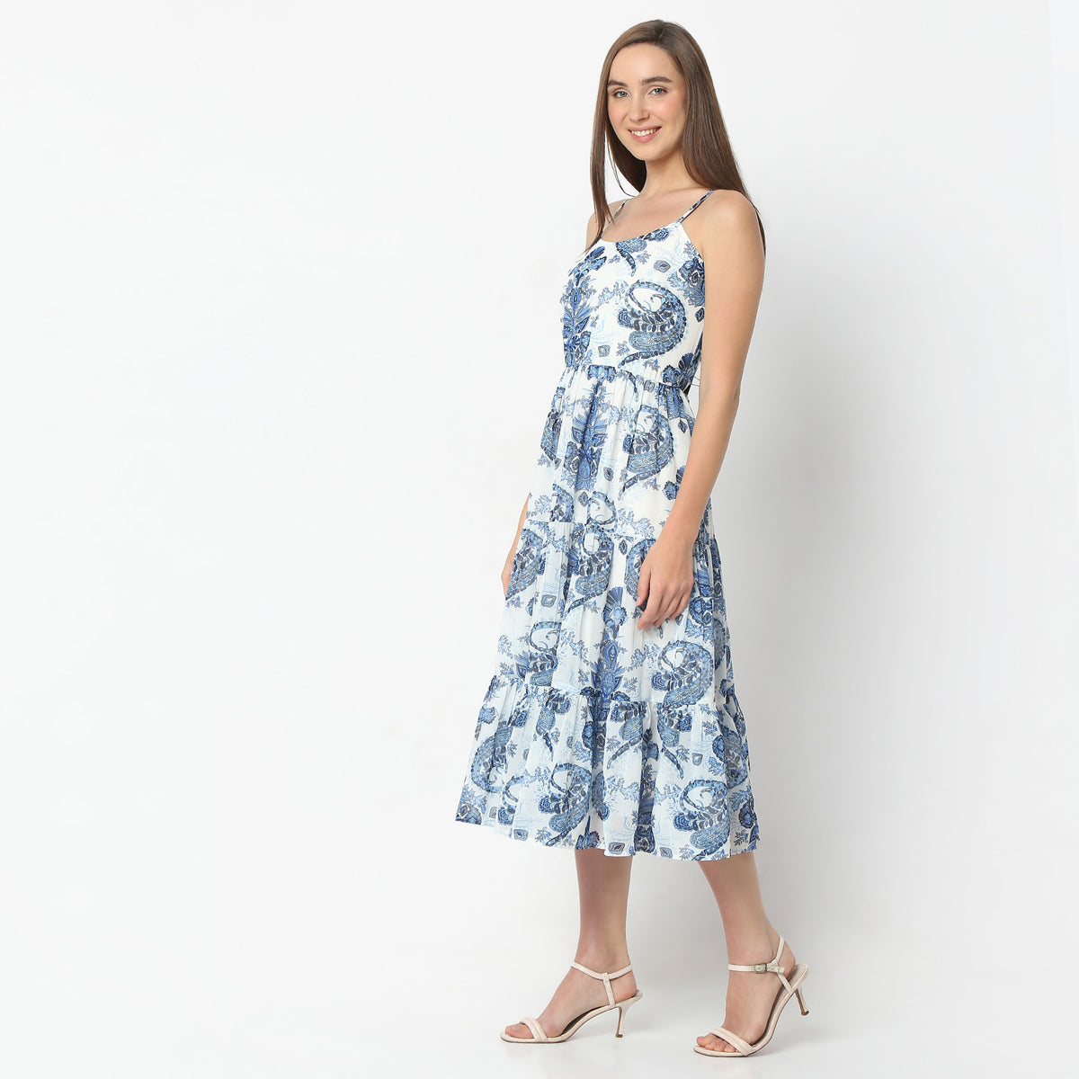 Flare Fit Floral Print Off Shoulder Below Knee Dress