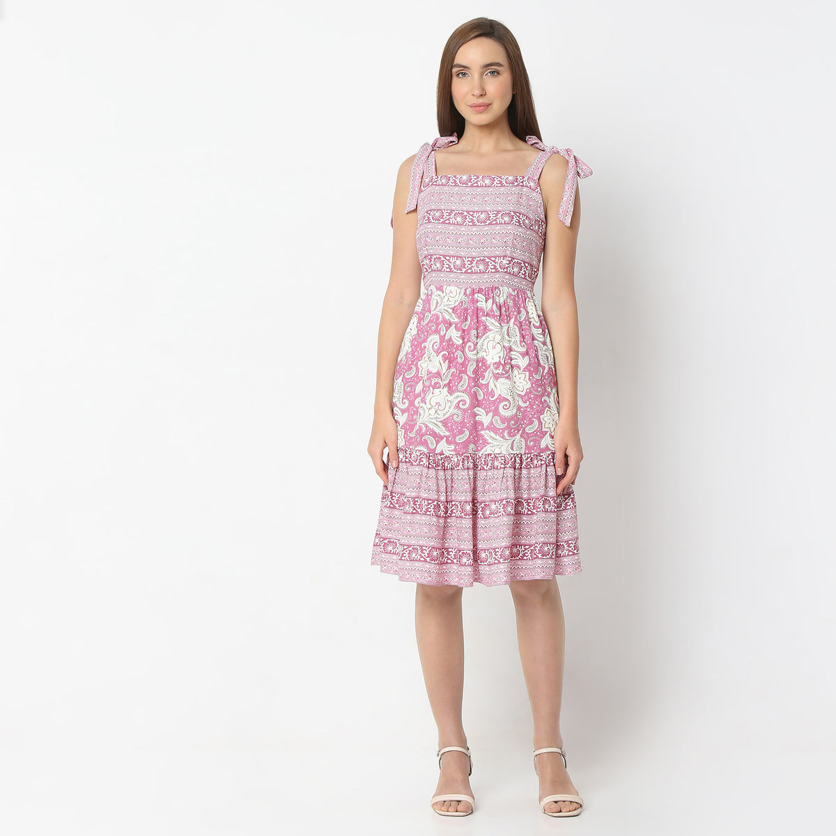 Flare Fit Floral Print Square Neck Knee Length Dress