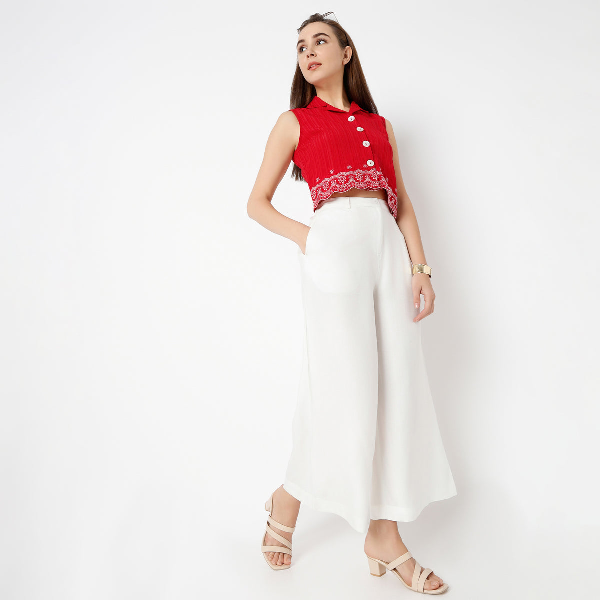 Flare Fit Solid Ankle Length Mid Rise Palazzos