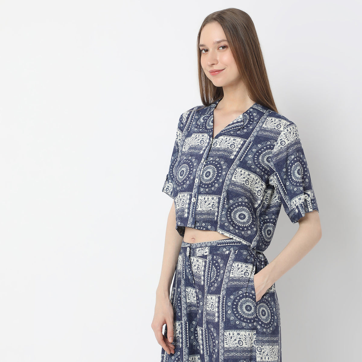 Abstract Print Camp Collar Crop Top