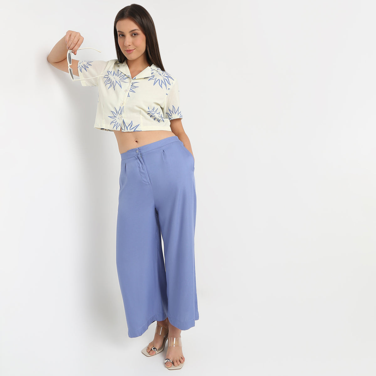 Lapel Collar Cropped Printed Boxy Fit Topwear
