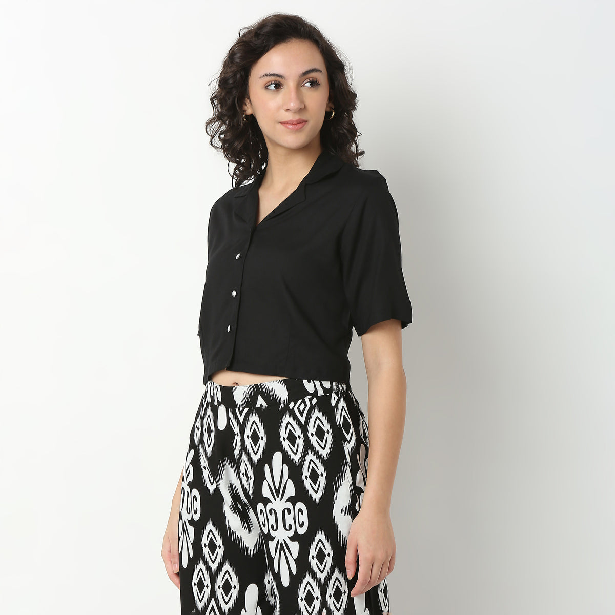 Rayon Crop Top with Lapel Collar