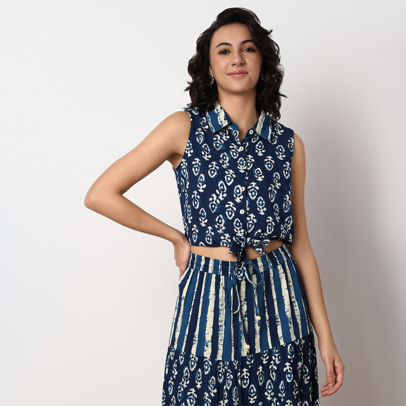 Tie-Up Sleeveless Camp Collar Crop Top