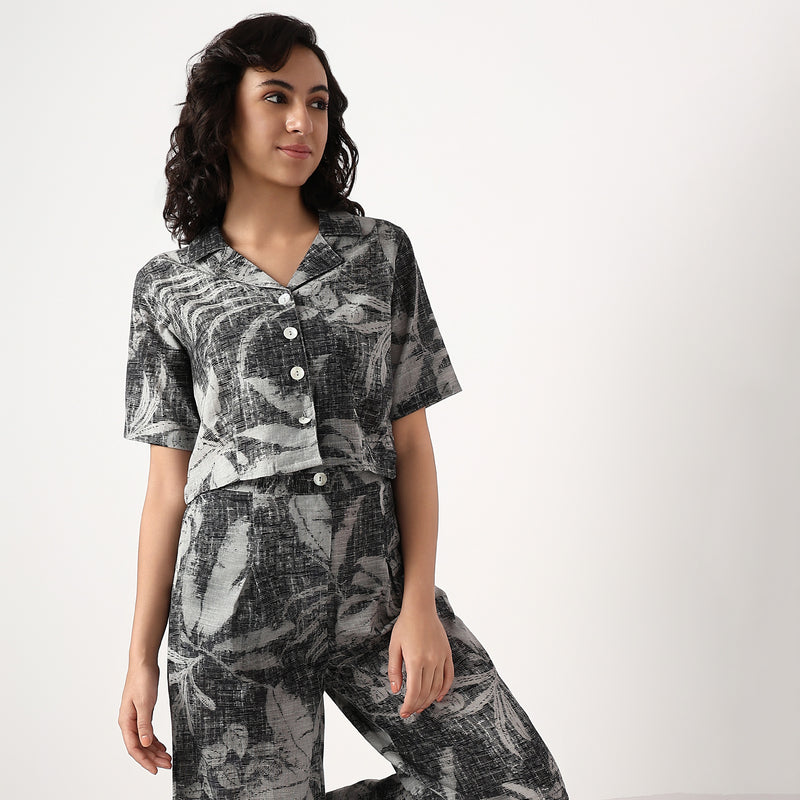 Printed Lapel Collar Straight Crop Top Shirt