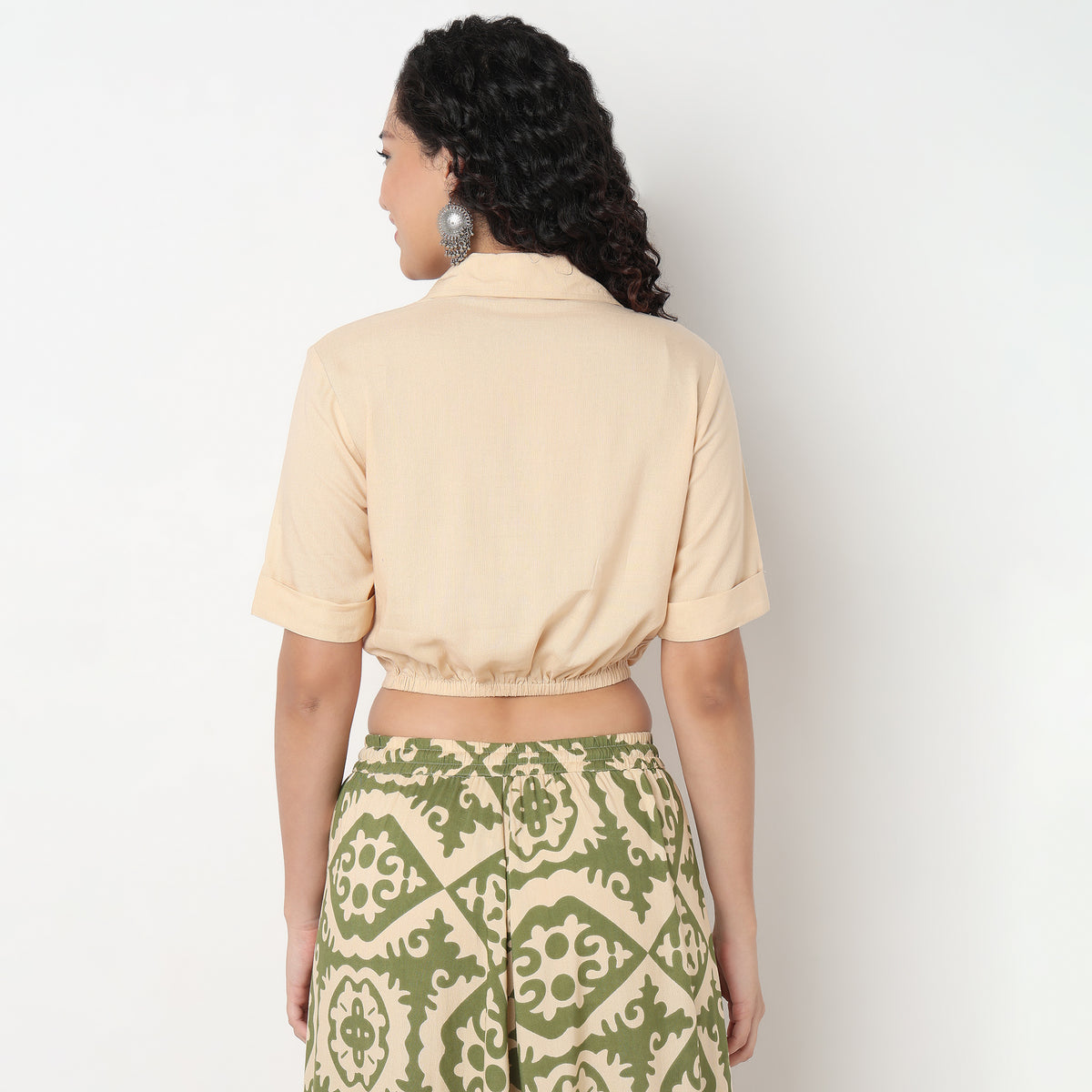 Rayon Crop Top with Lapel Collar