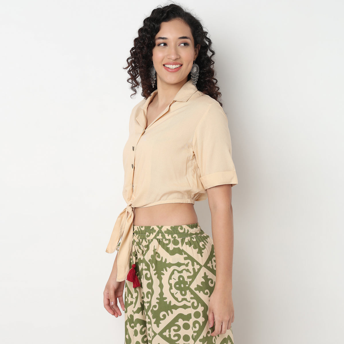 Rayon Crop Top with Lapel Collar