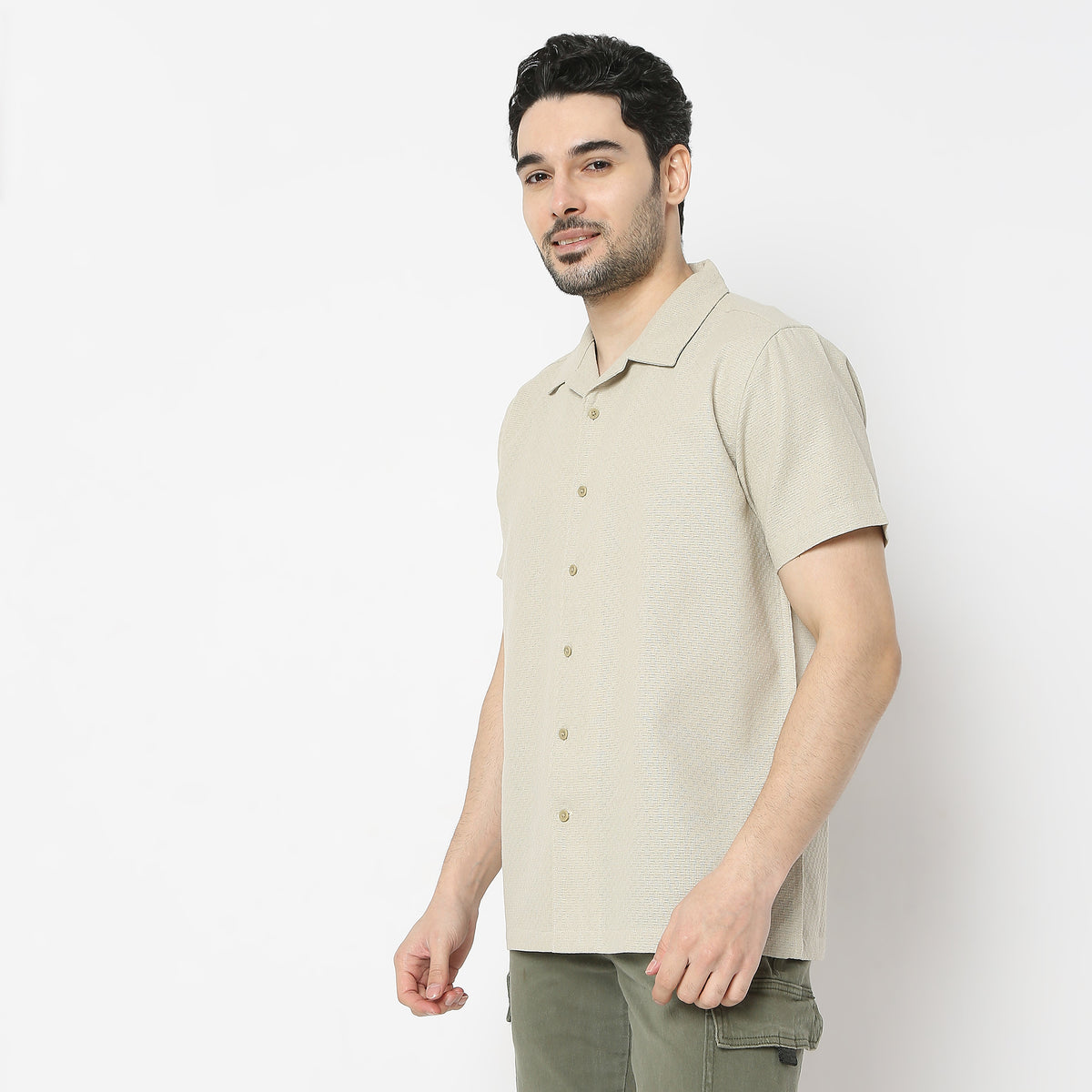 Regular Fit Solid Camp Collar Regular Length Shirt