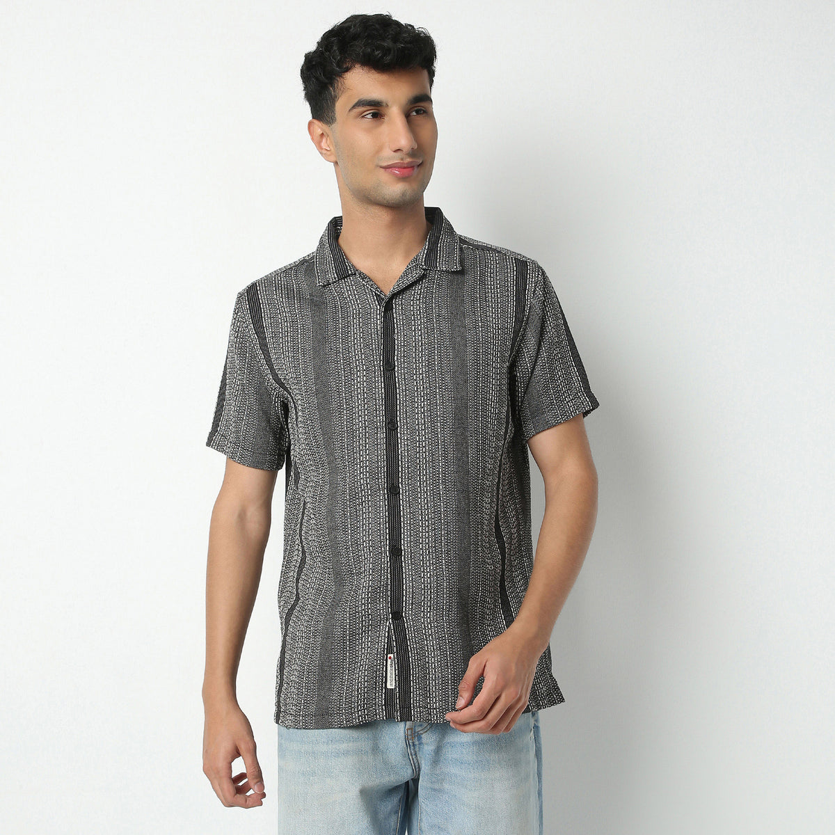 Regular Fit Striped Camp Collar Regular Length Shirt
