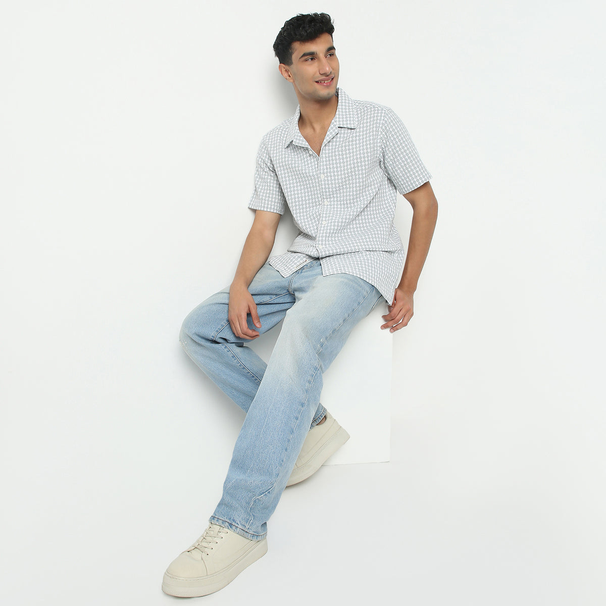 Regular Fit Checkered Camp Collar Shirt