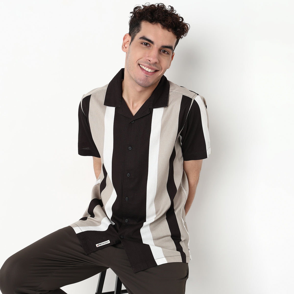 Striped Viscose Camp Collar Shirt