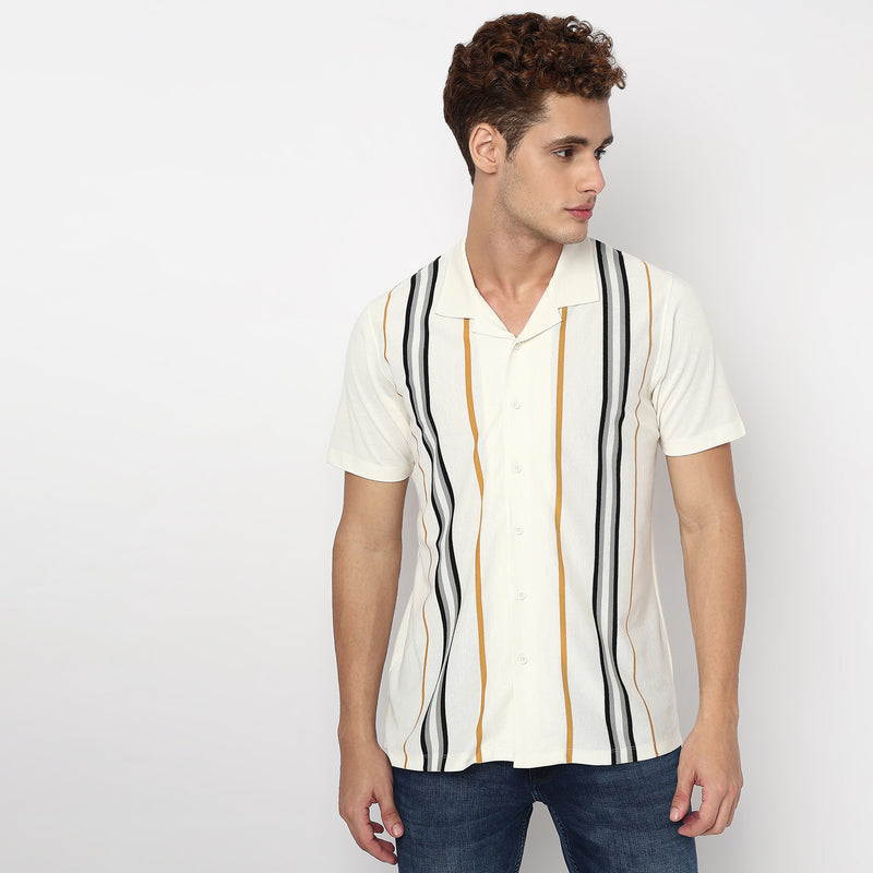 Striped Camp Collar University Half Sleeve Shirt
