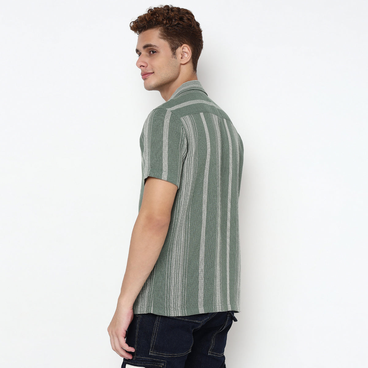 Striped Camp Collar Cuban Half Sleeve Shirt