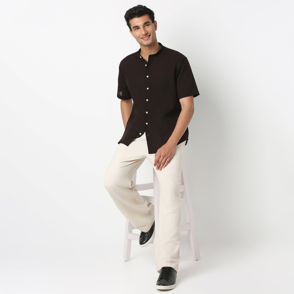 Lininᵉˣ - Linen Enriched Fine Natural Blend Shirt Half Sleeve Band Collar