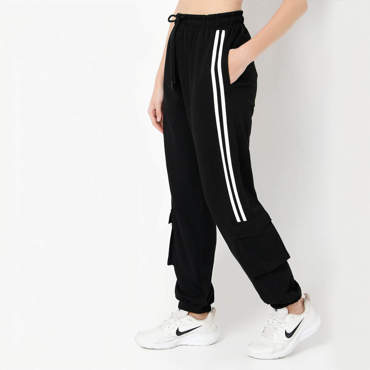 Relaxed Fit Ankle Length High Rise with Patch Pockets and Stripe Detail Joggers