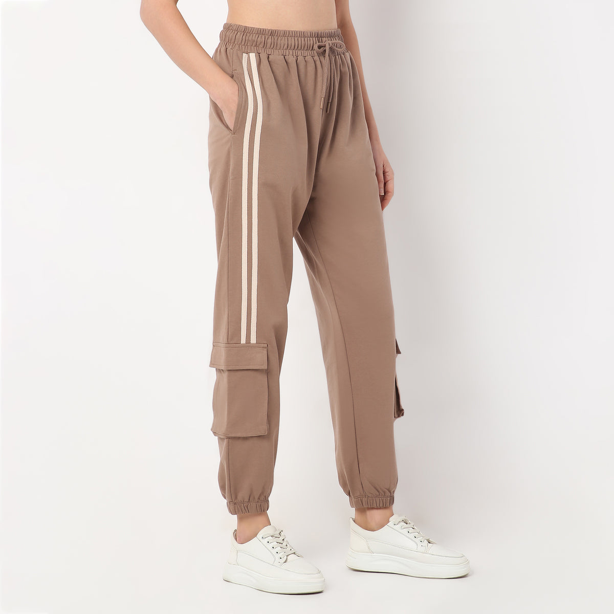 Relaxed Fit Ankle Length High Rise with Patch Pockets and Stripe Detail Joggers