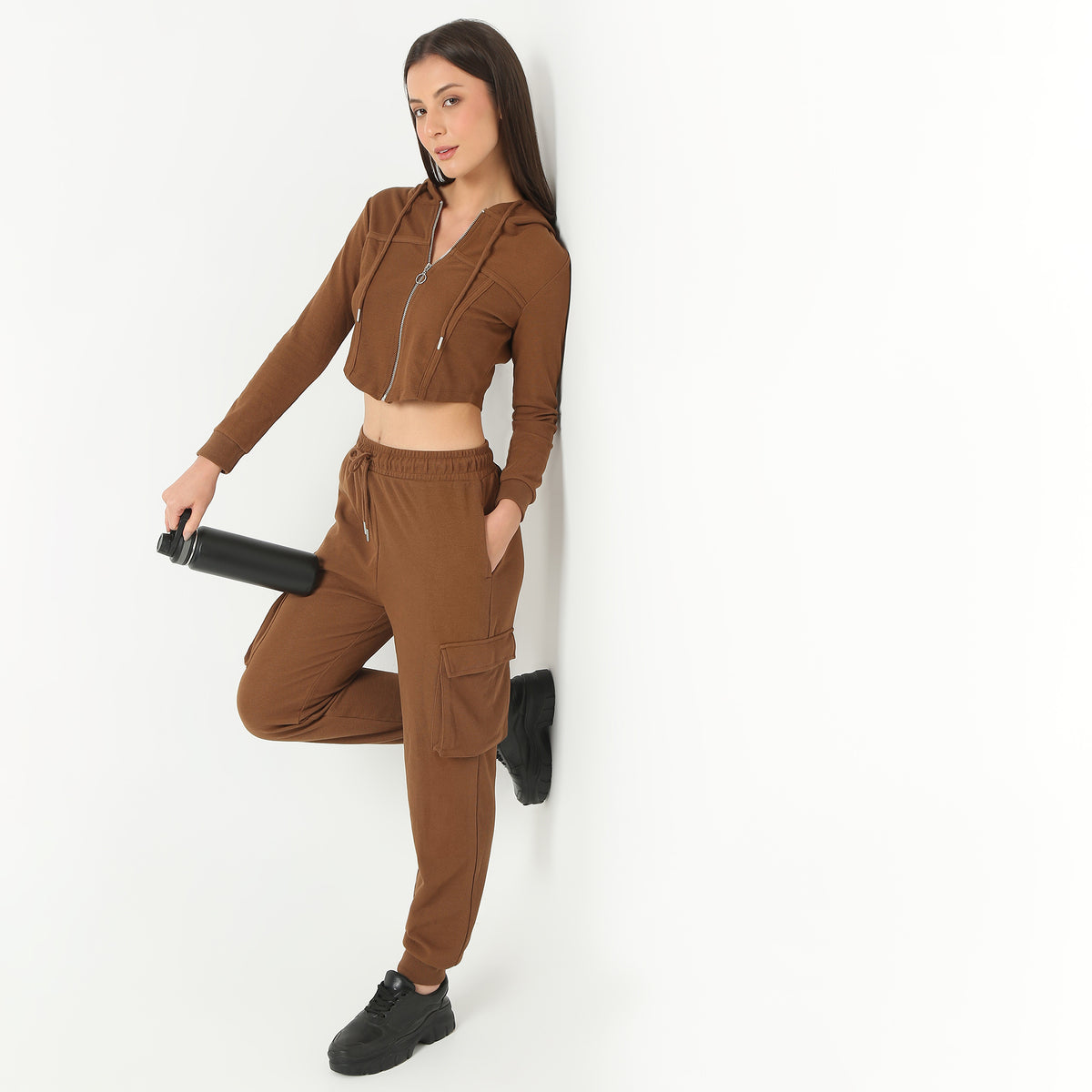 Women Solid Hoodie Cropped Full Sleeve Young Altheisure Sports Jacket