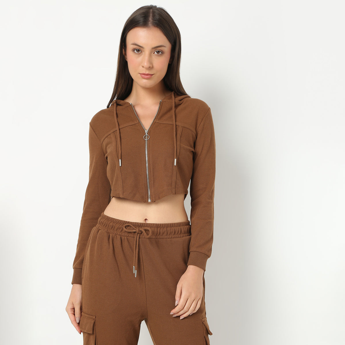 Women Solid Hoodie Cropped Full Sleeve Young Altheisure Sports Jacket