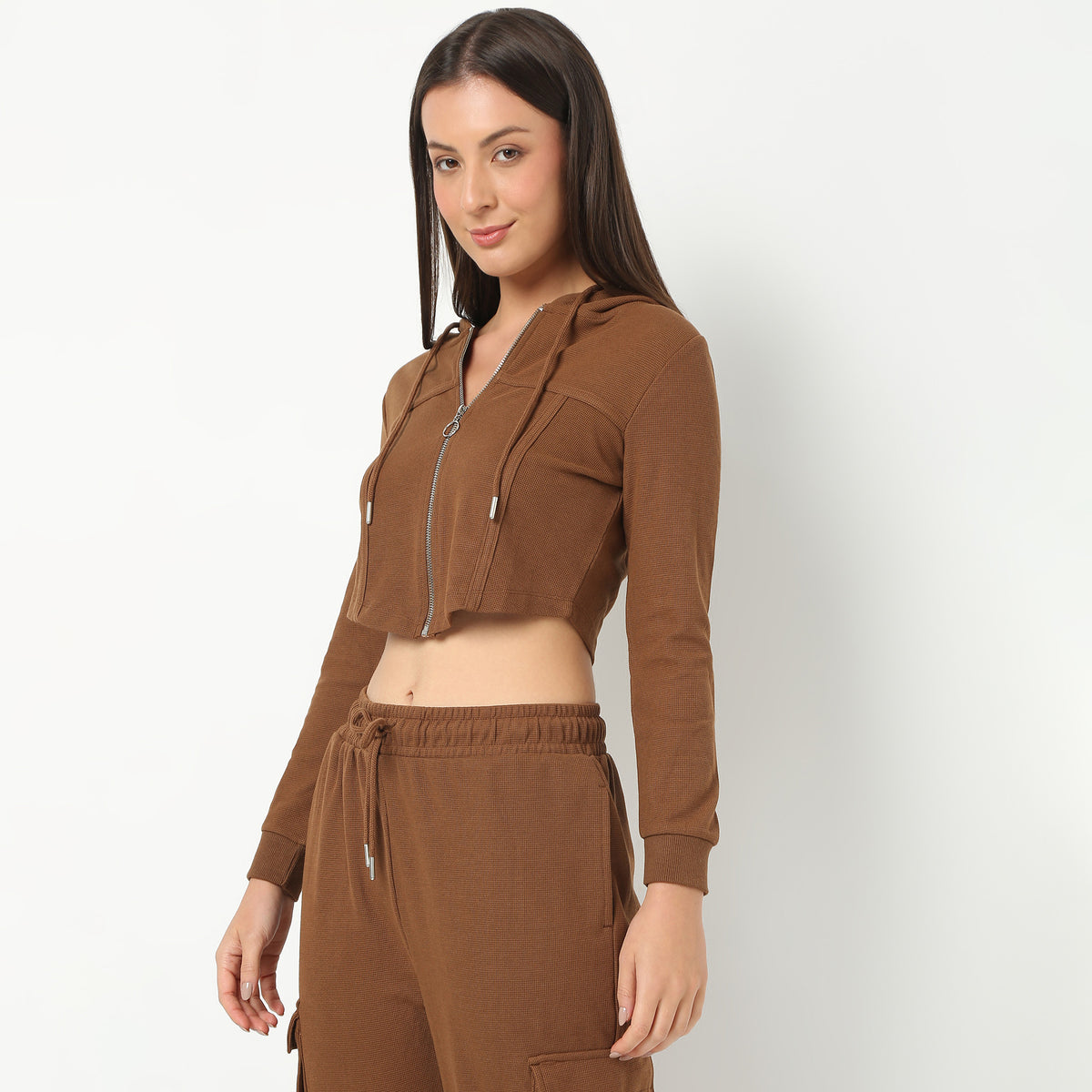 Women Solid Hoodie Cropped Full Sleeve Young Altheisure Sports Jacket