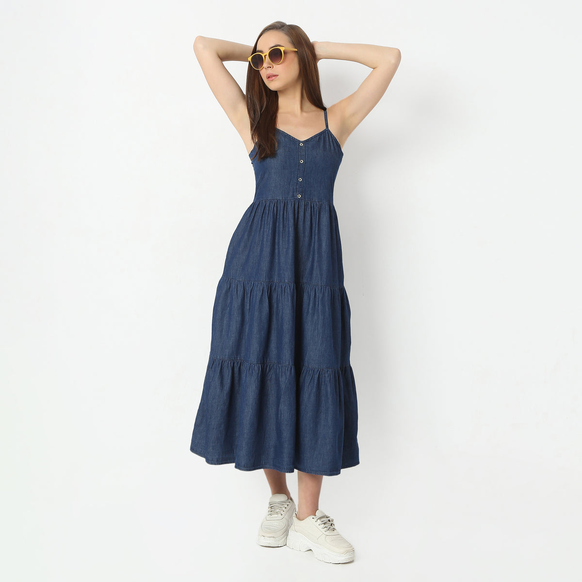Regular Fit Solid V-Neck Calf Length Dress