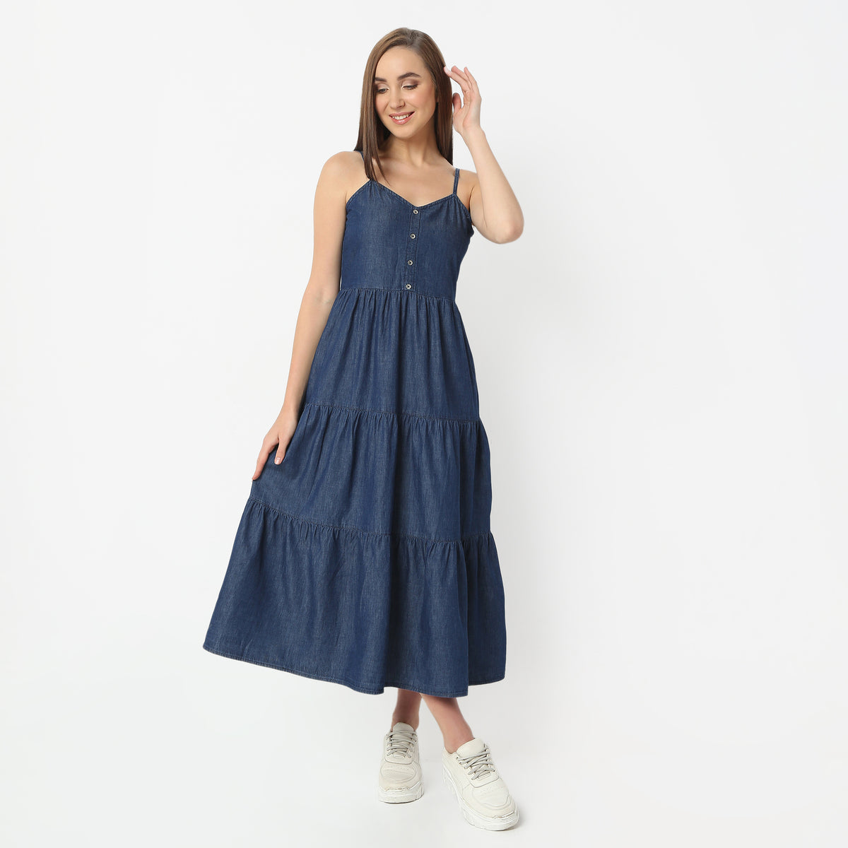 Regular Fit Solid V-Neck Calf Length Dress