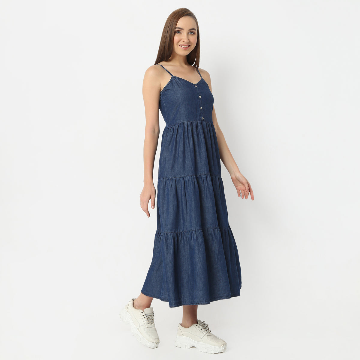 Regular Fit Solid V-Neck Calf Length Dress