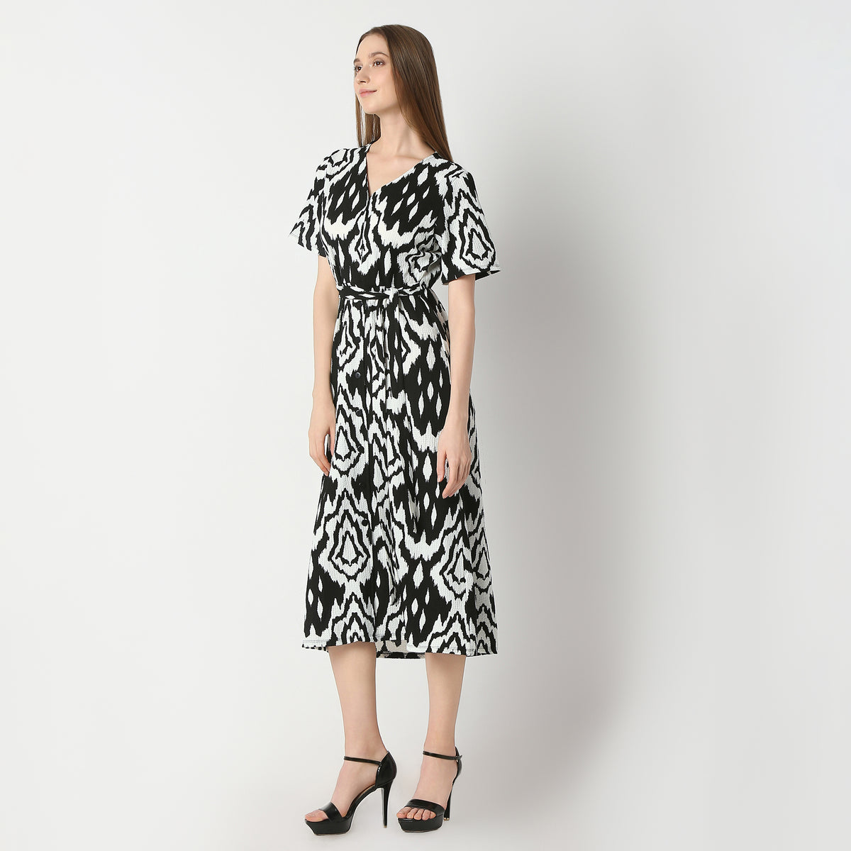 Regular Fit Printed Calf Length Dress