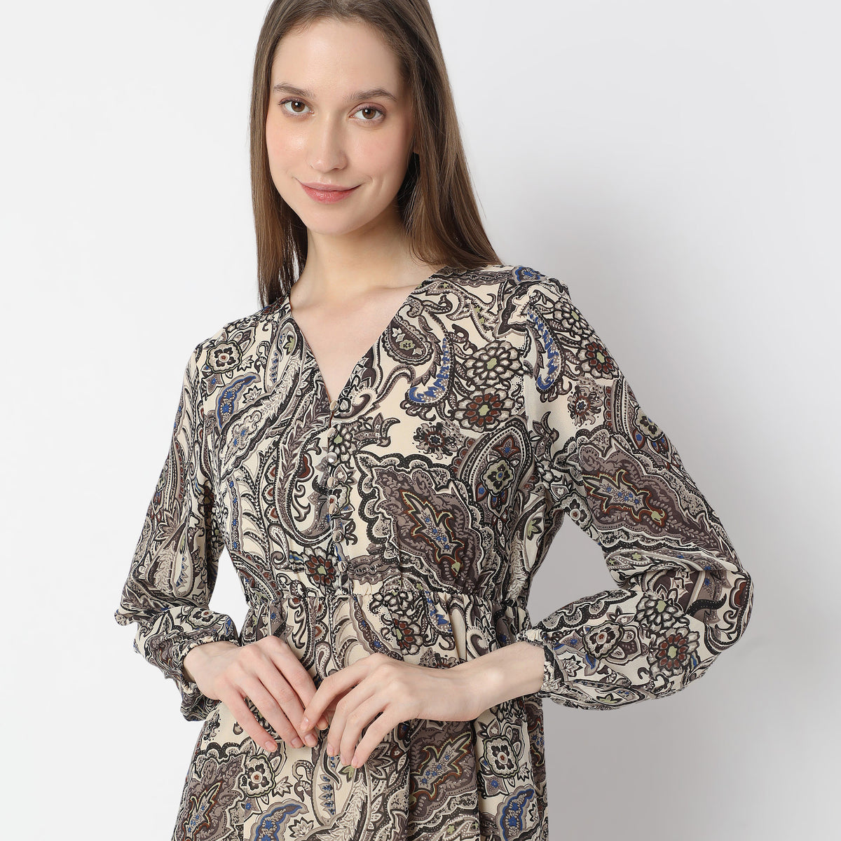 Printed Below Knee V-Neck Full sleeve Dress