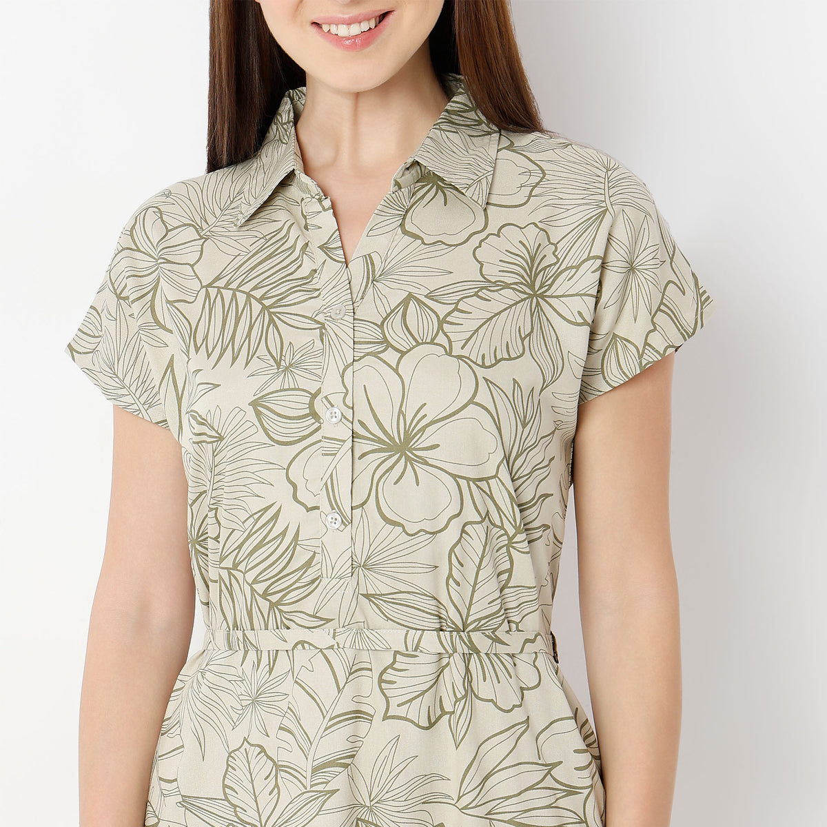 Regular Fit Floral Shirt Collar Gown