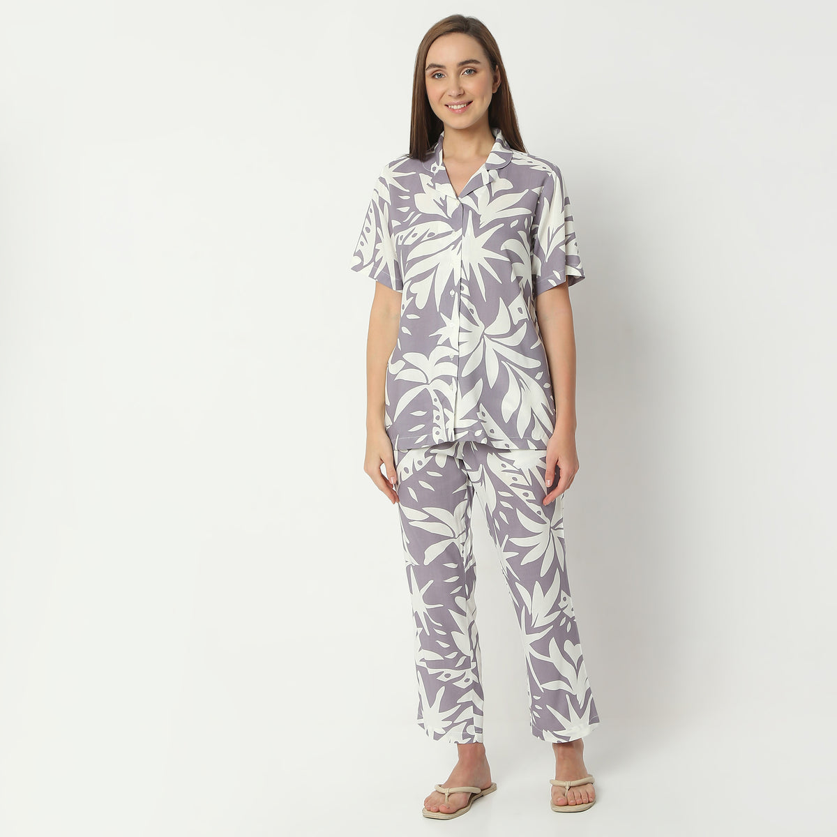 Regular Fit Printed Lapel Collar Full Length Shirt with Pyjama Set