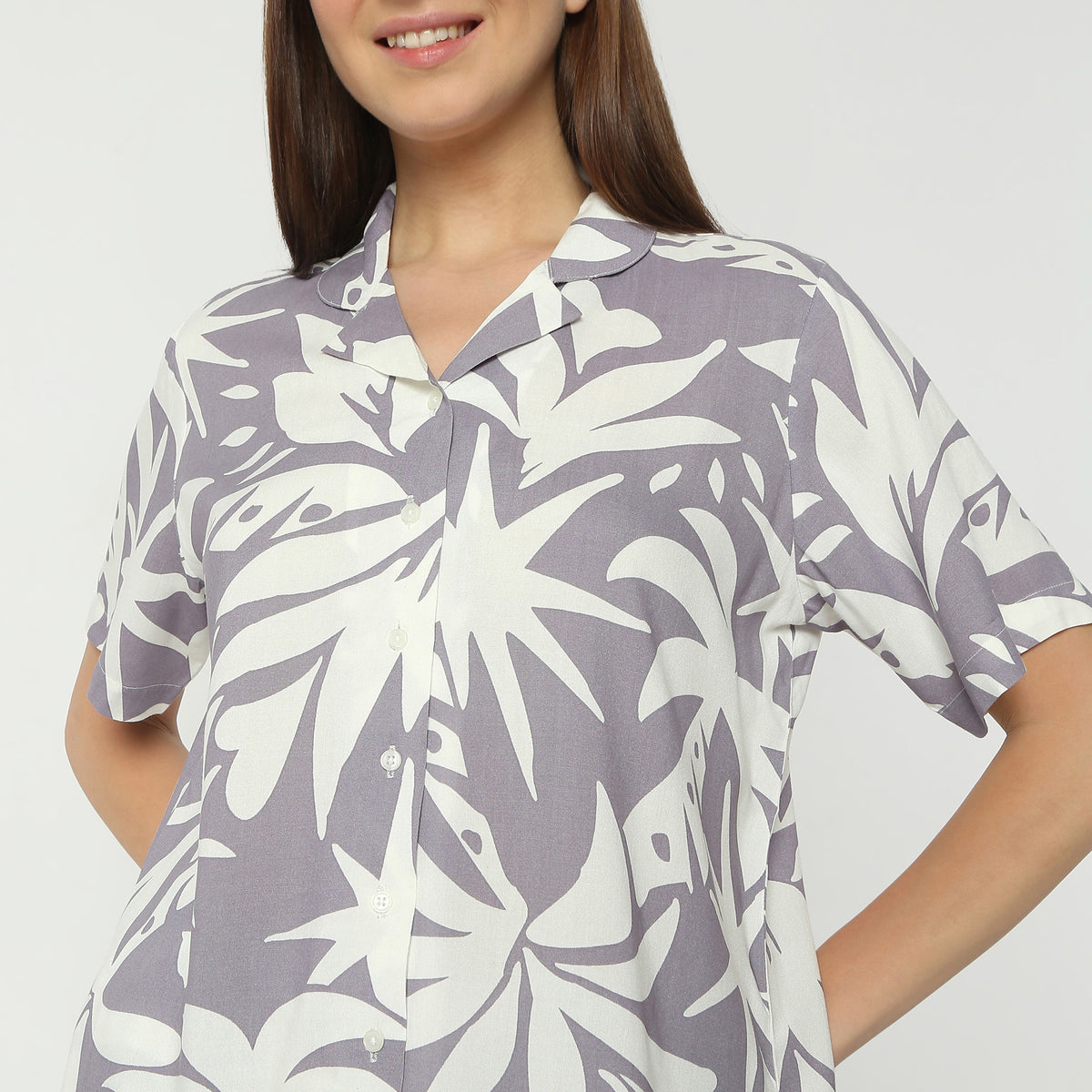 Regular Fit Printed Lapel Collar Full Length Shirt with Pyjama Set