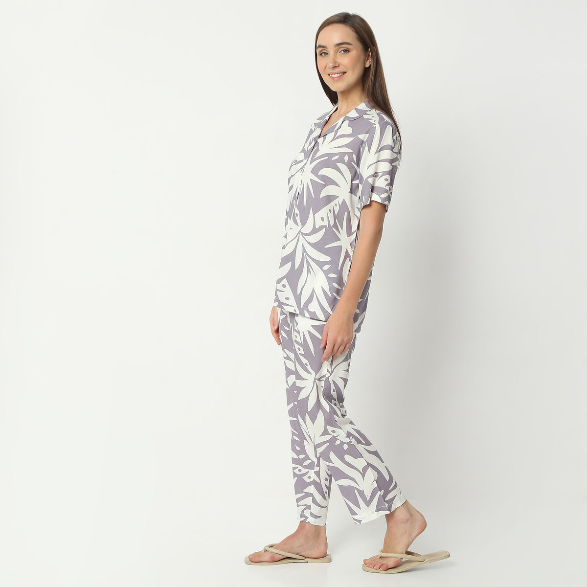 Regular Fit Printed Lapel Collar Full Length Shirt with Pyjama Set