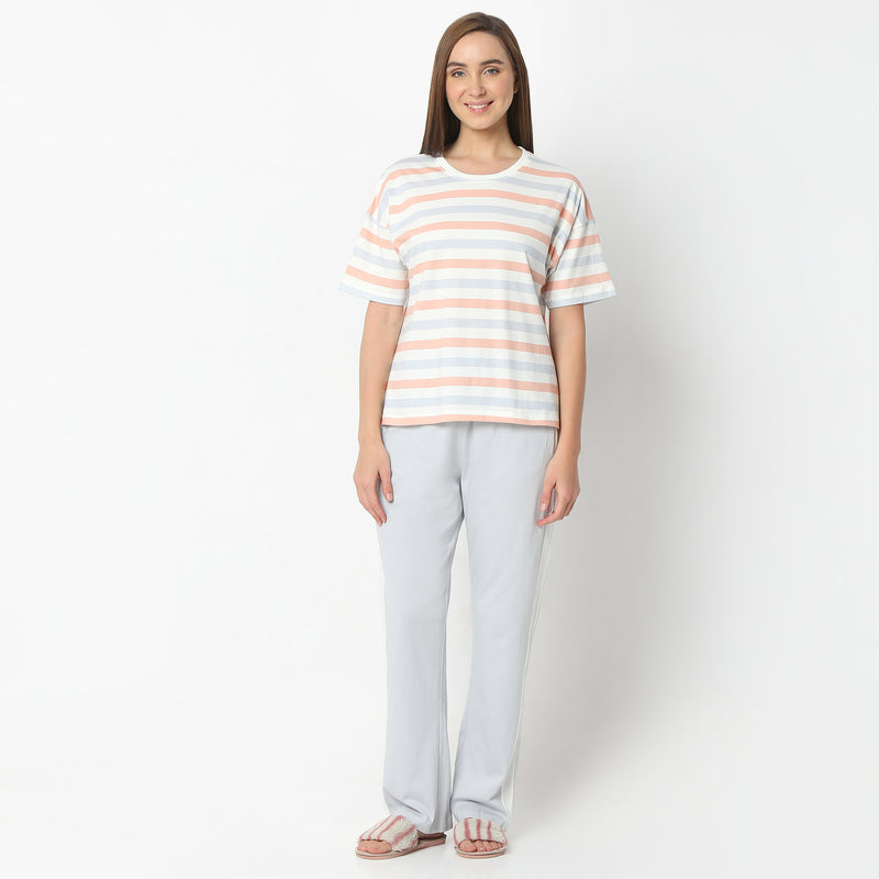 Regular Fit Striped Round Neck Regular Length T-Shirt with Pyjama Set