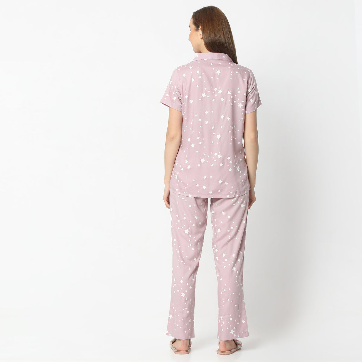 Regular Fit Printed Lapel Collar Regular Length Shirt with Pyjama Sleepwear Set