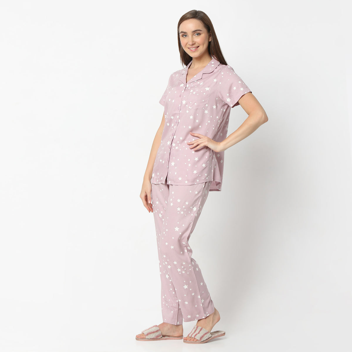 Regular Fit Printed Lapel Collar Regular Length Shirt with Pyjama Sleepwear Set