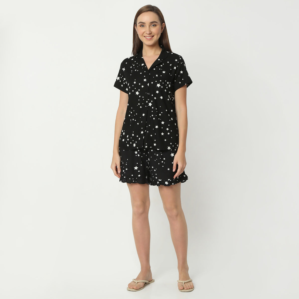 Regular Fit Printed Lapel Collar Regular Length Shirt with Shorts Sleepwear Set