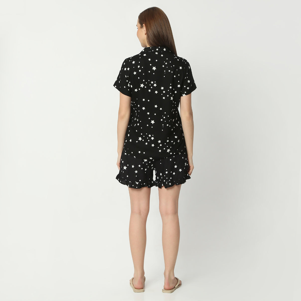 Regular Fit Printed Lapel Collar Regular Length Shirt with Shorts Sleepwear Set