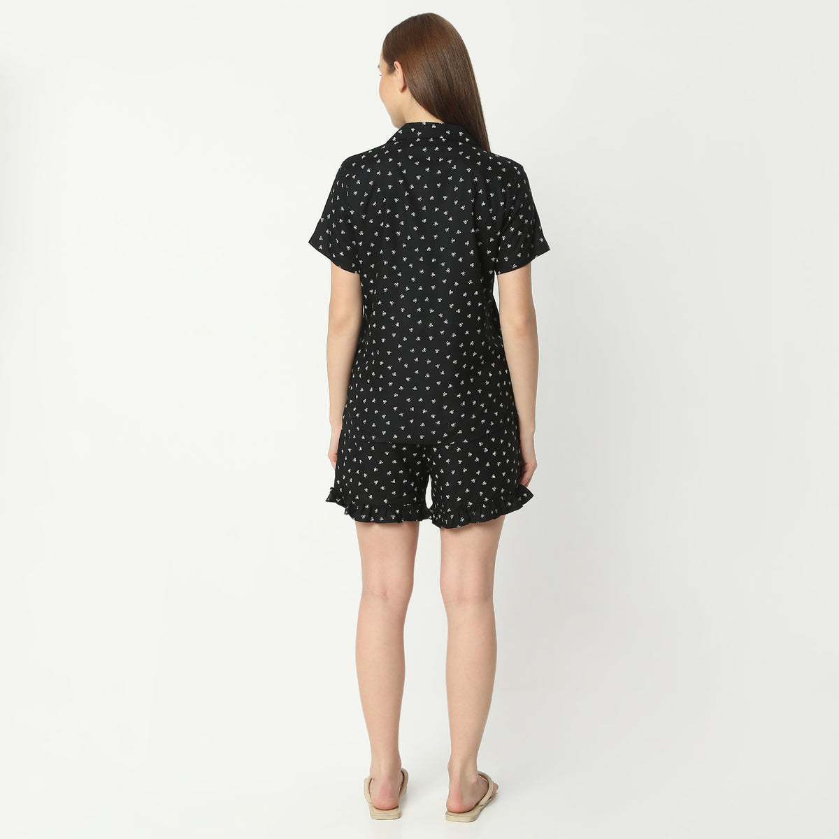 Regular Fit Printed Lapel Collar Regular Length Shirt with Shorts Sleepwear Set