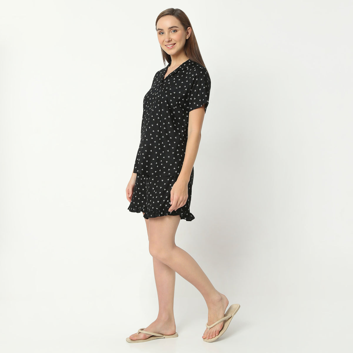 Regular Fit Printed Lapel Collar Regular Length Shirt with Shorts Sleepwear Set