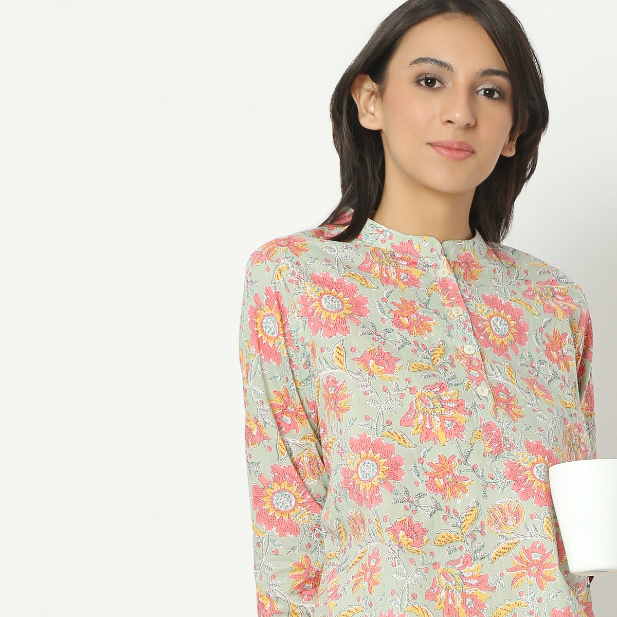 Regular Fit Printed Band Collar Full Length Top with Pyjama Set