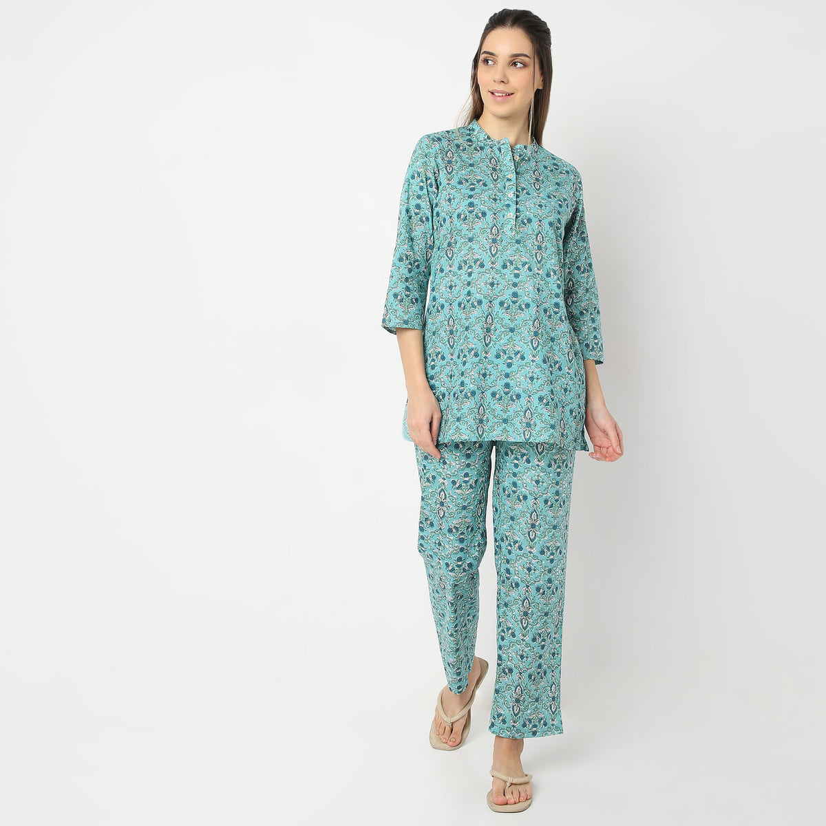 Regular Fit Printed Shirt with Pyjama Set