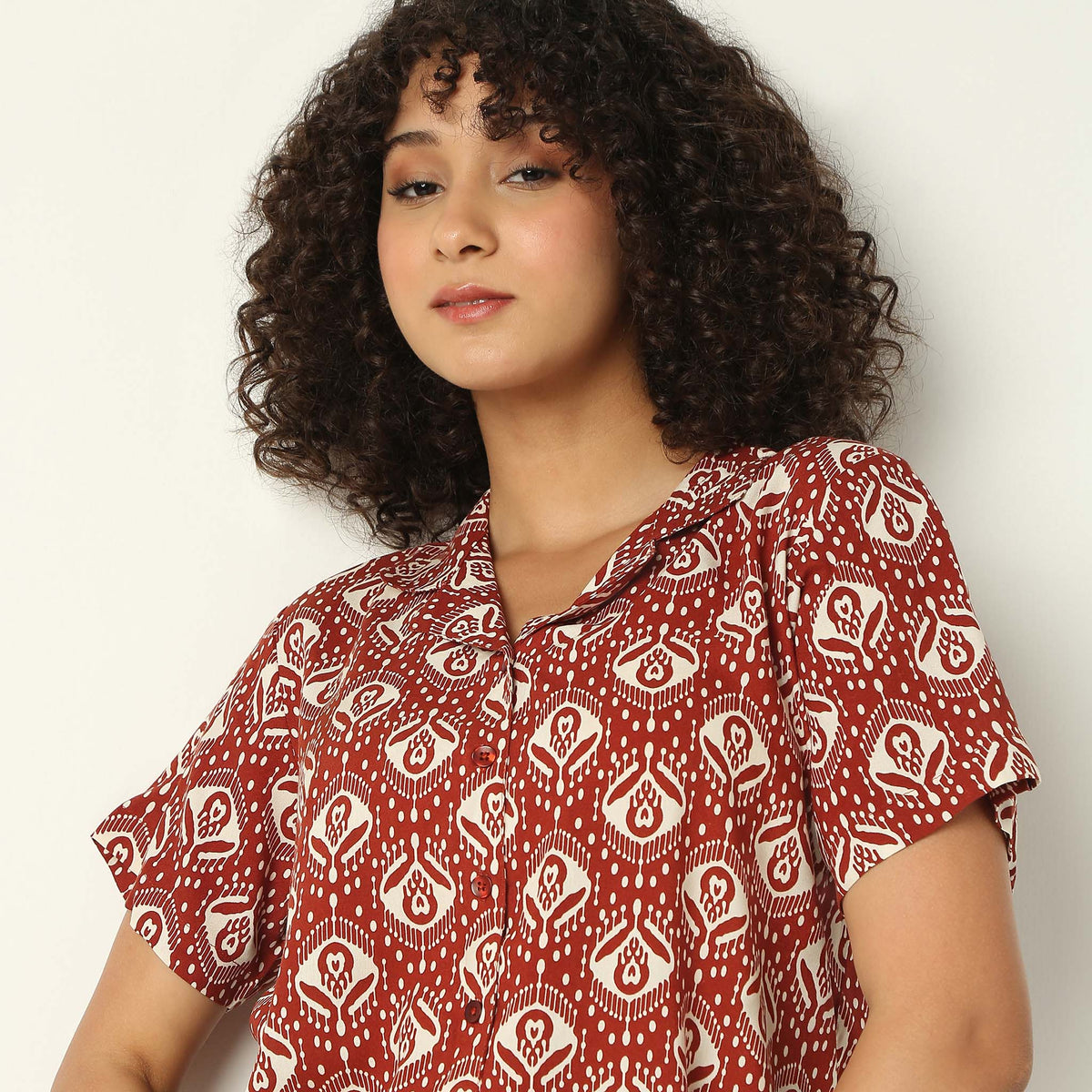 Regular Fit Printed Lapel Collar Shirt with Pyjama Set