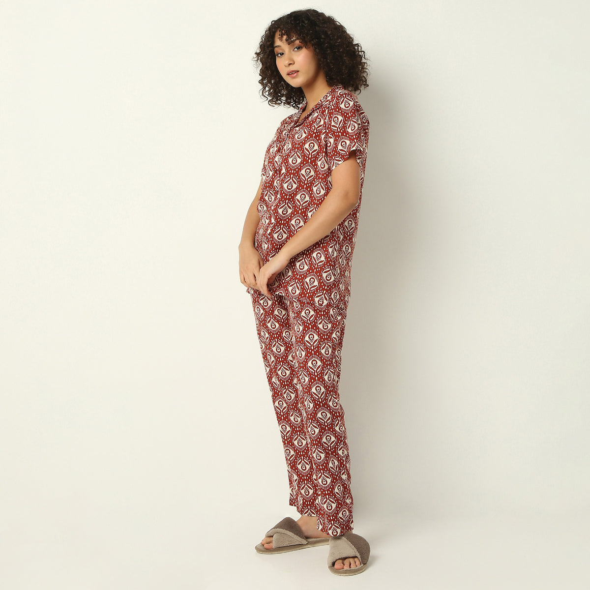 Regular Fit Printed Lapel Collar Shirt with Pyjama Set