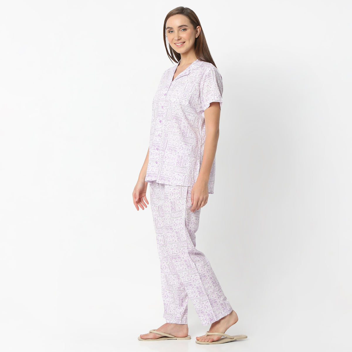 Regular Fit Printed Lapel Collar Regular Length Shirt with Pyjama Set