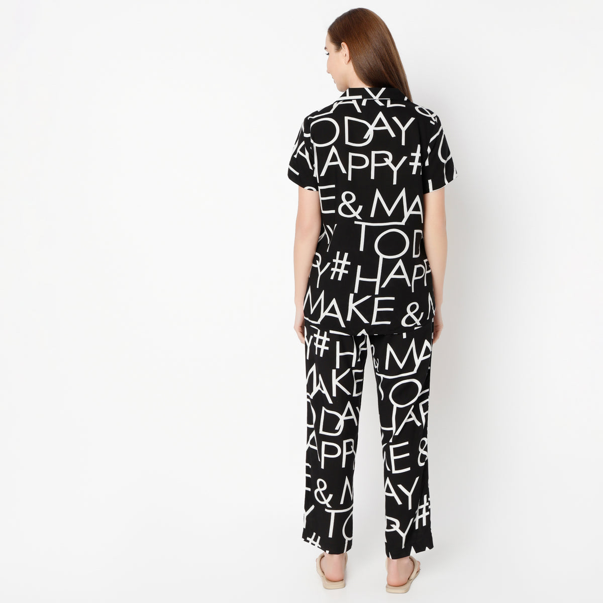 Regular Fit Printed Lapel Collar Shirt with Pyjama Set