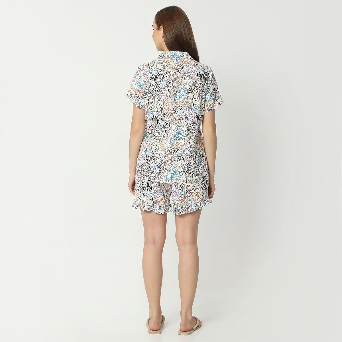 Regular Fit Printed Camp Collar Regular Length Shirt with Shorts Sleepwear Set