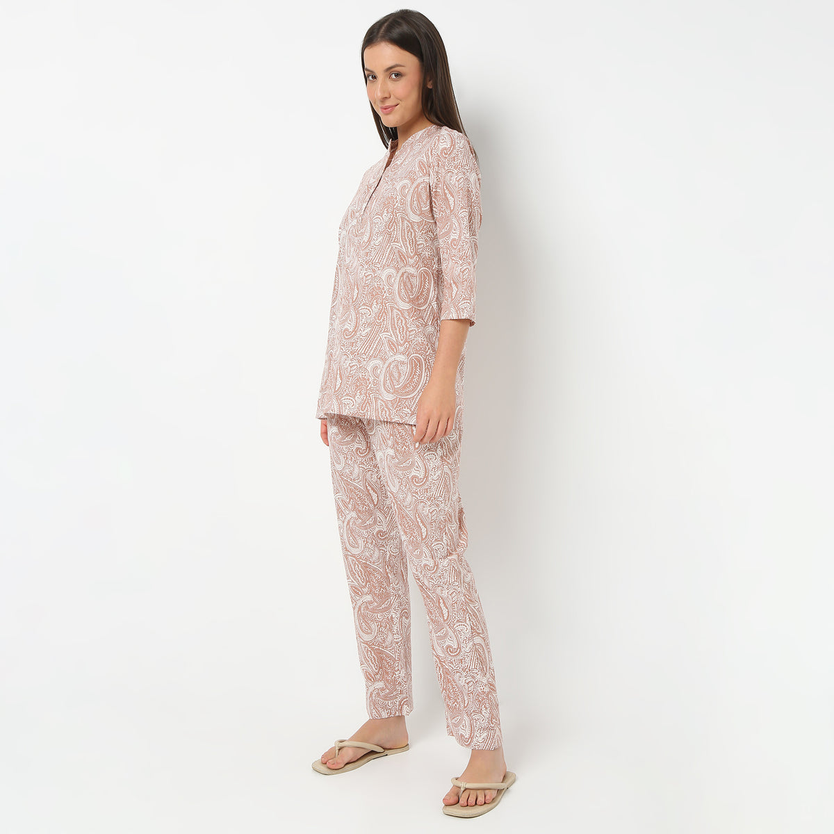 Band Collar Three-Fourth Sleeve Printed Jaipuri Topwear And With Pyjama Sleepwear Set