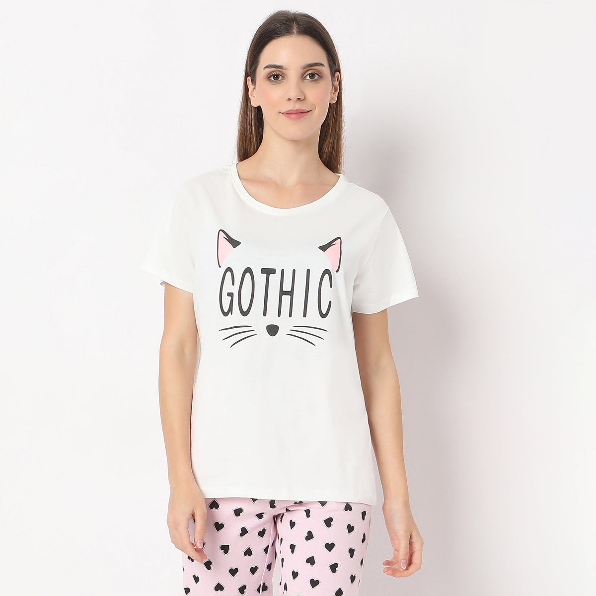 Printed Straight Kitten Short Sleeve T-Shirt