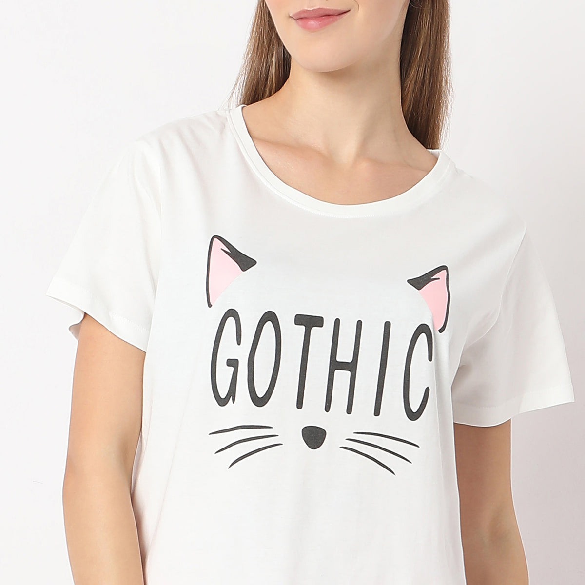 Printed Straight Kitten Short Sleeve T-Shirt